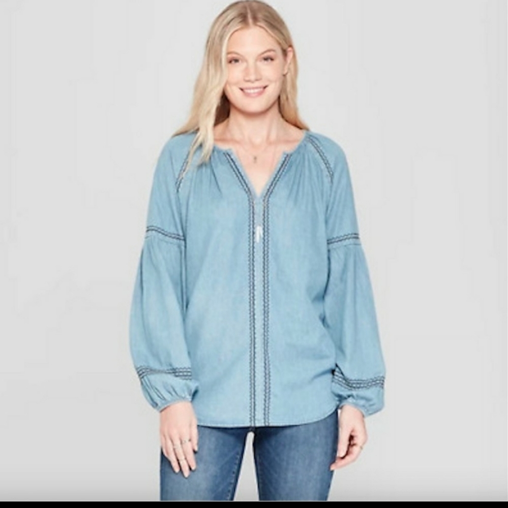 Knox Rose Chambray Boho Top Balloon Sleeves